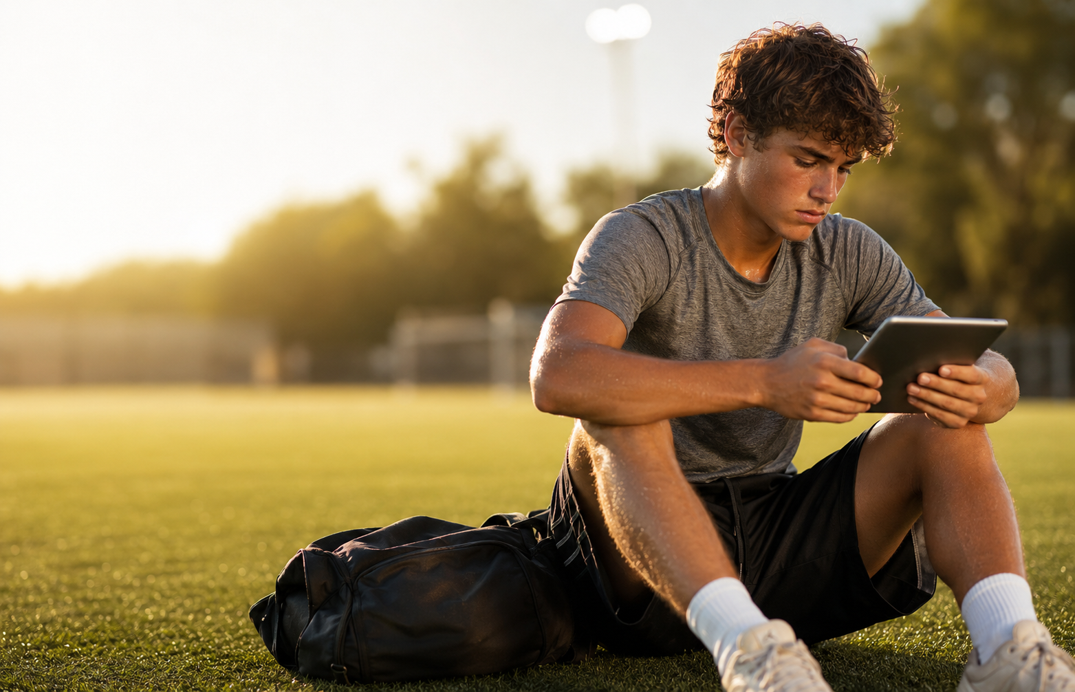 A student-athlete studying on the field